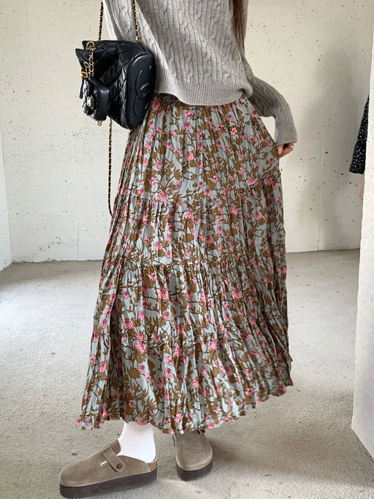 LIZAKOSHT -  Autumn Winter Wrinkled Floral Pleated Skirt Women Korean Style Casual High Waisted A-Line Midi Long Skirts Maxi falda plisada