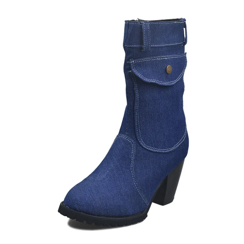 LIZAKOSHT  -  New Denim Mid Calf Boots,Ladies Short Booties,Winer Cotton Shoes,Botas,Block Heel,Side Zipper.Black,Blue,Size 35-43,Dropship