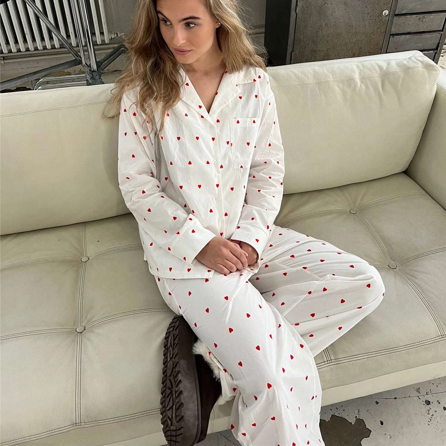 LIZAKOSHT  -  Women Pajamas Cute 2 Piece Set Y2K Vintage Print Button Up Long Sleeve Blouse T-shirt Tops+Pants Home Loungewear Sleepwear