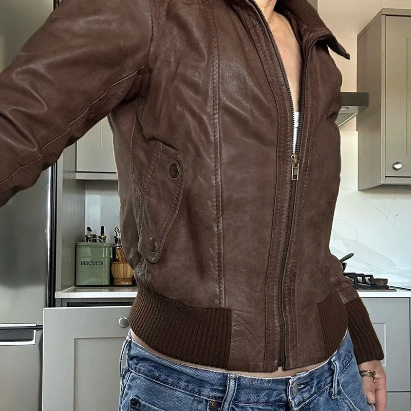 LIZAKOSHT  -  Streetwear Zip Up PU Leather Jacket For Women Motorcycle Style Pockets Brown Autumn Winter Coats Outwear Vintage New