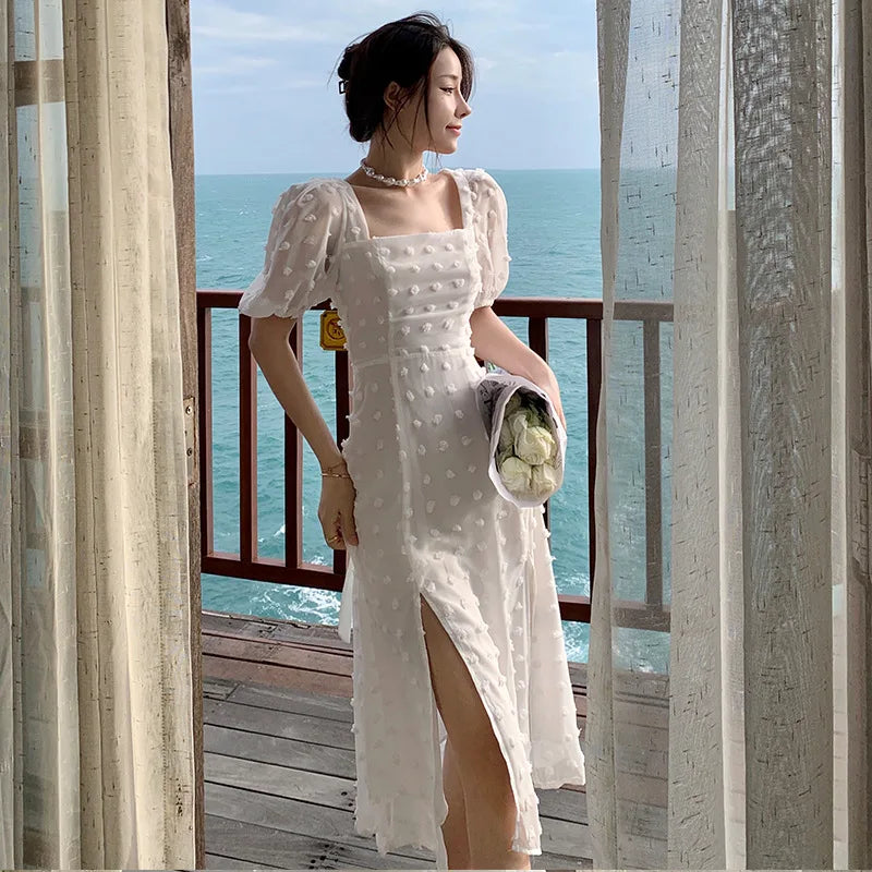 LIZAKOSHT  -  Women Summer White Backless Square Collar Dress Female Puff Sleeve Split Beach Dress Vestidos Simple Party Dress