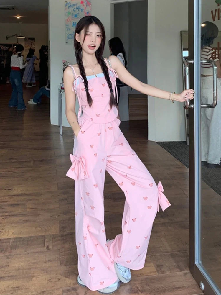 LIZAKOSHT  -  Sweet Spice Girl Bear Bow Suit Women Summer Pink Vest Sling+High Waist Elasticity Casual Workwear Wide Leg Trousers 2-Piece Set