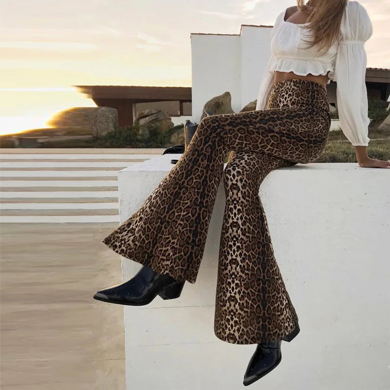 LIZAKOSHT  -  Autumn New Women's Elastic Waist Leopard Print flared trousers Fashion High Street Trendy Casual Slimming Pants