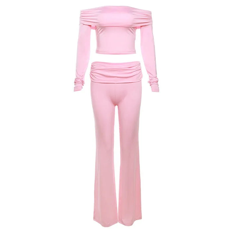 Lizakosht 2 Piece Sets Women Bodycon Pink Y2k Cute Outfits Slash Neck Long Sleeve Crop Top Flare Pants Matching Sets Casual Streetwear