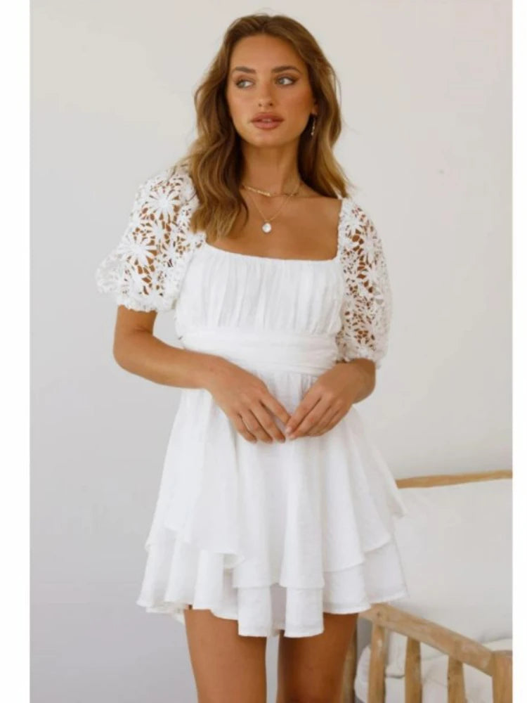 LIZAKOSHT  -  Summer White Puff Sleeve Cutout Flower Dress Sexy Backless Bow Square Neck High Waist Bandage Dresses Vestidos Party Dress