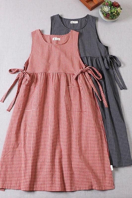 LIZAKOSHT  -  Summer Mori Girl Literary Artistic Vest Dress Cotton Linen Plaid Cover Strapless Sleeveless One-Piece Long Skirt