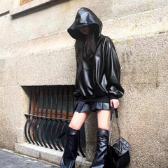 LIZAKOSHT -  Y2k Black PU Leather Hoodied Pleated Skirt Korean Fashion Harajuku Sweatshirt Women Hip Hop Streetwear Oversized Outerwear