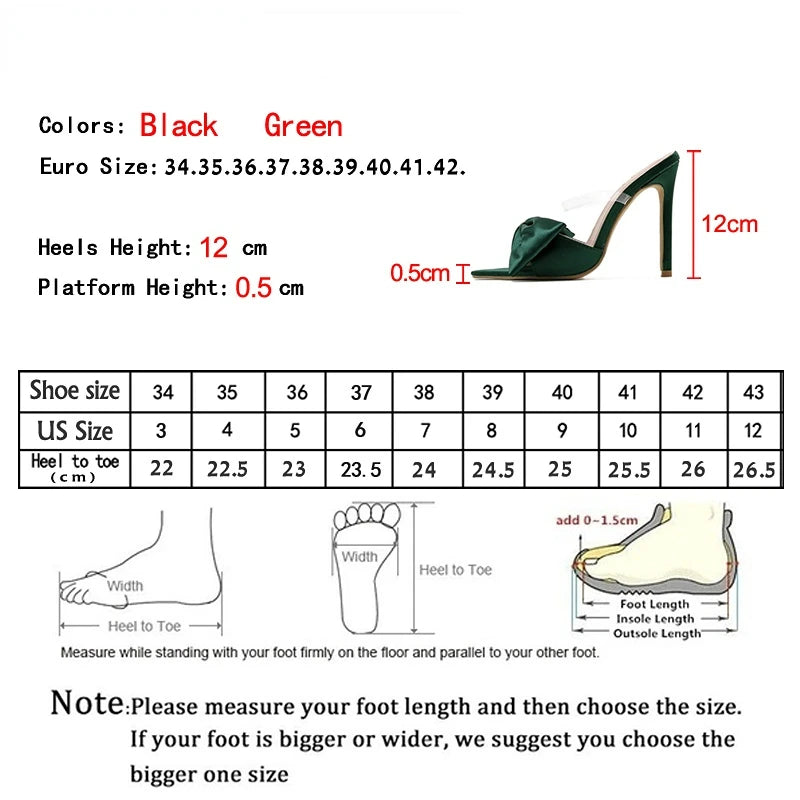 Lizakosht Fashion Silk Bow Tie Slippers Mule High Heels Women Sandals Plus Size 42 Flip Flops New Pointed Toe Strappy Slides Party Shoes