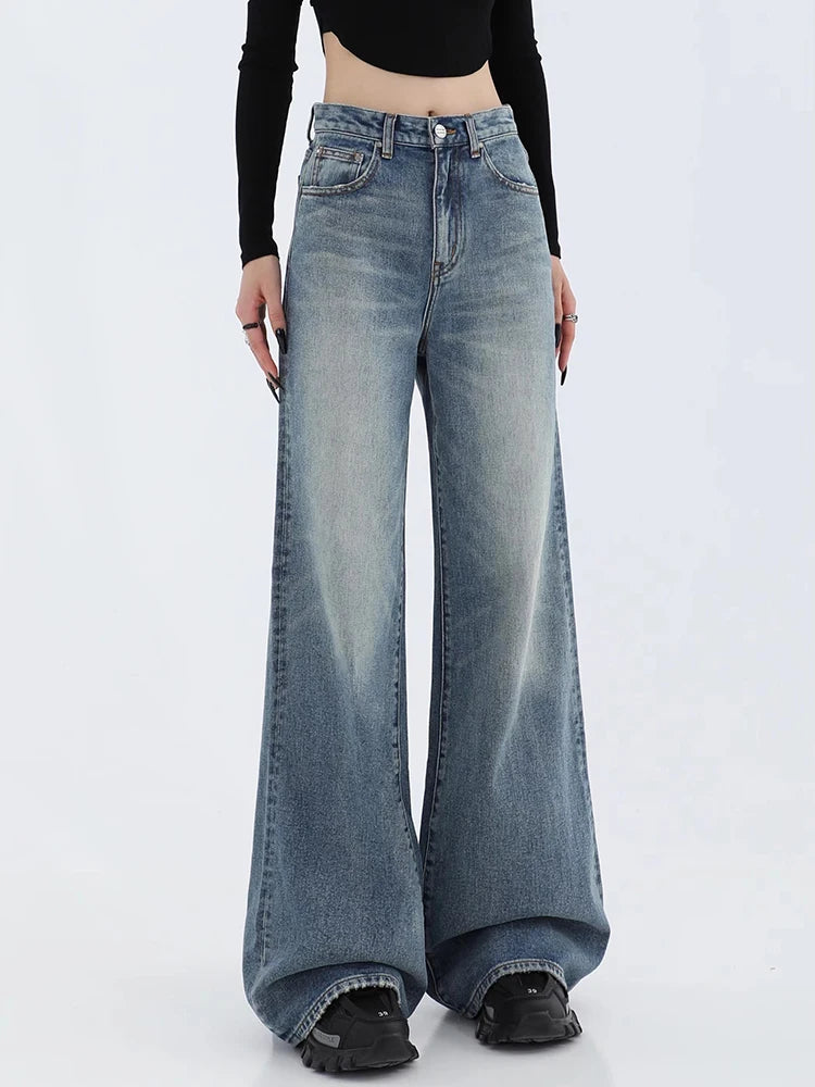 Lizakosht Korean Fashion Vintage Blue Jeans Women Y2k Streetwear Straight  High Waist Jean Pants Ladies Baggy Wide Leg Denim Trousers New