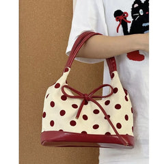 LIZAKOSHT  -  Retro Dot Red Handbag Women Versatile Bow Large Capacity Casual Shoulder Bags Ladies Sweet Cute Underarm Bag Aesthetic