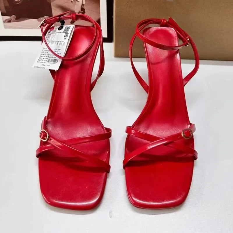 LIZAKOSHT  -  Sexy High Heels Shoes Women Summer Ankle Cross Strap Open Toe Fashion Designer Red Elegant Dress Wedding Ladies Sandals