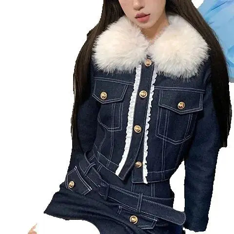 LIZAKOSHT  -  Hot Girl Short Skirt Two-Piece Suit Fur Collar Shiny Silk Dark Blue Imitation Denim Jacket Tight Hip Wrap Skirt Hot Girl