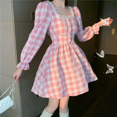 LIZAKOSHT  -  Dress Square Collar Lace Pink Plaid Beaded Bell Sleeve Autumn Women'S Japanese Mini Lolita Dress With Cute Kawaii Female Dress