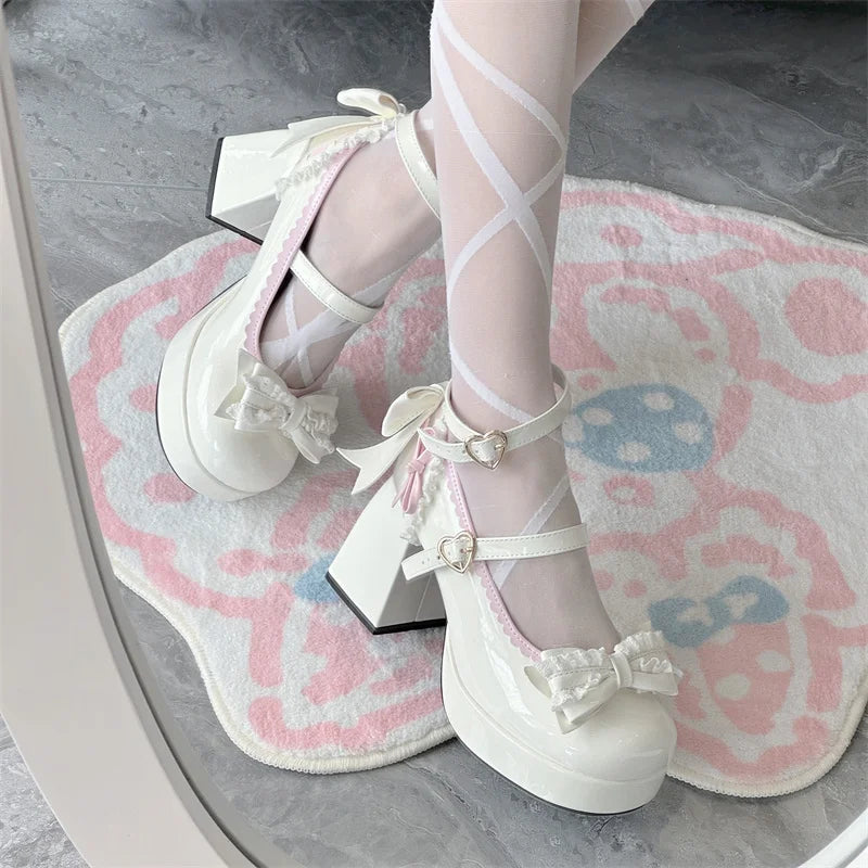 LIZAKOSHT  -  Lolita Lace Heart Knot Round Toe Shallow Mouth High Heels Cos Loli Elegant Student Shoes Japanese Girl Sweet Single Shoes