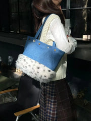 LIZAKOSHT  -  New Nail Blue Denim Rabbit Fur Splicing Tote Bag Large Capacity Versatile Single Shoulder Handbag Commuting Bags