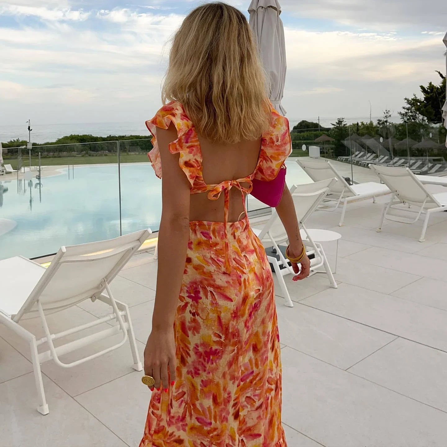 LIZAKOSHT  -  Orange Floral Printed Maxi Dresses For Women Sexy Backless Deep V Neck Waistless Long Dress Summer Ruffles Boho Beach