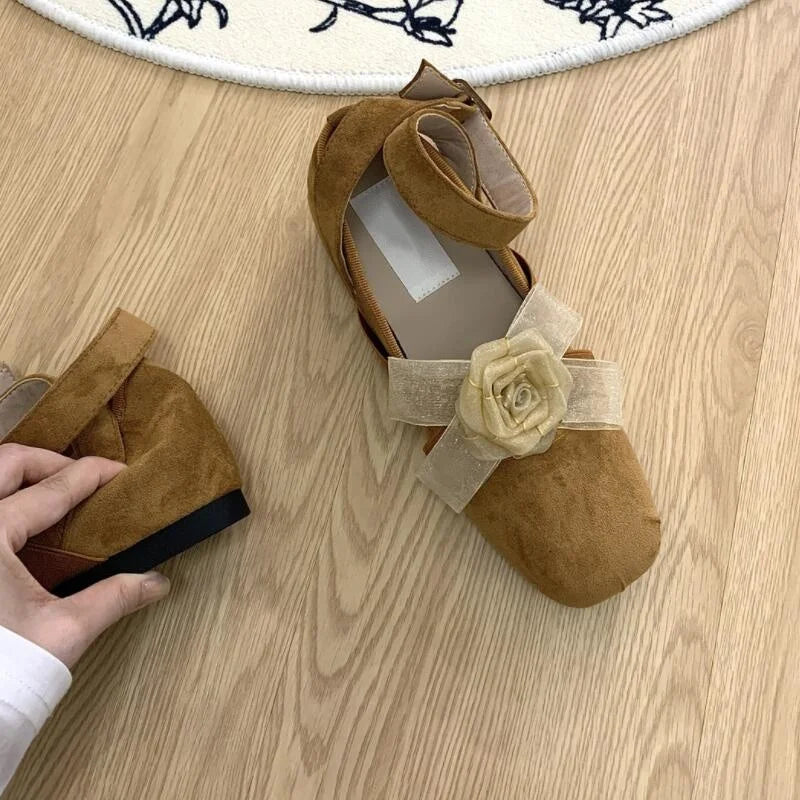 LIZAKOSHT  -  New Fashion Flower Square Toe Shallow Shoes Women Buckle Vintage Suede 2024 Autumn Women's Party Comfort Ballerinas Shoes