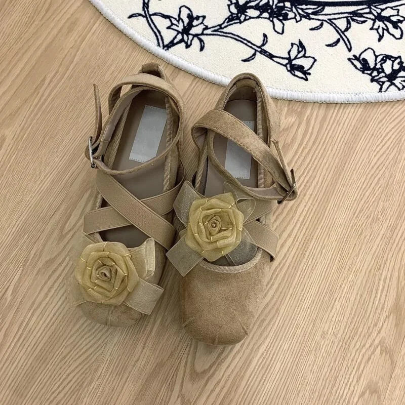 LIZAKOSHT  -  New Fashion Flower Square Toe Shallow Shoes Women Buckle Vintage Suede 2024 Autumn Women's Party Comfort Ballerinas Shoes