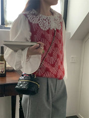 LIZAKOSHT  -  Vintage Wide Leg Shorts Women Chic Office Lady Peter Pan Collar Shirts Autumn Elegant Knitted Sweet Sweaters Vest