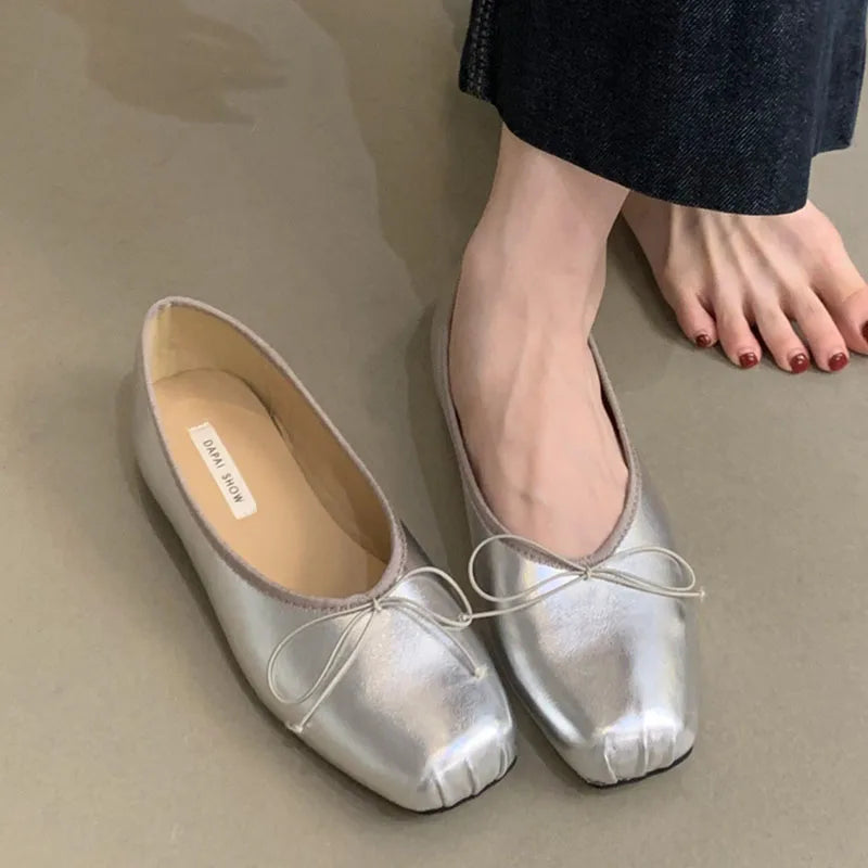 LIZAKOSHT  -  Women Cute Ballerina Flats Lady Slipony Butterfly Knot Vintage Kawaii Mocasines Loafers Girl Soft Sliver Lolita Ballerinas Mujer