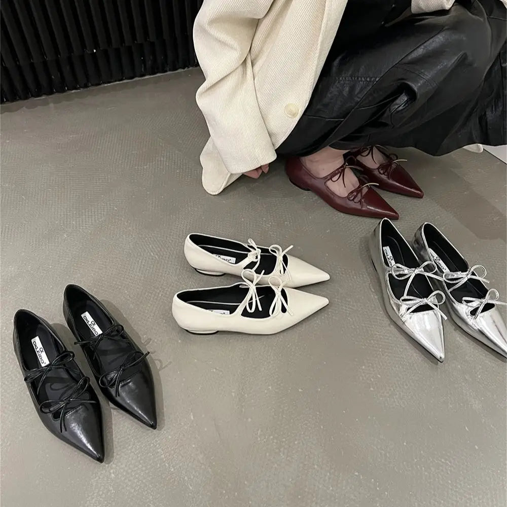 LIZAKOSHT -  Pointed Toe Women Flats Loafers Black White Silver Wine red Fashion Dress Shoes Woman Flat Heeled Bow Design Slip On Party Shoes