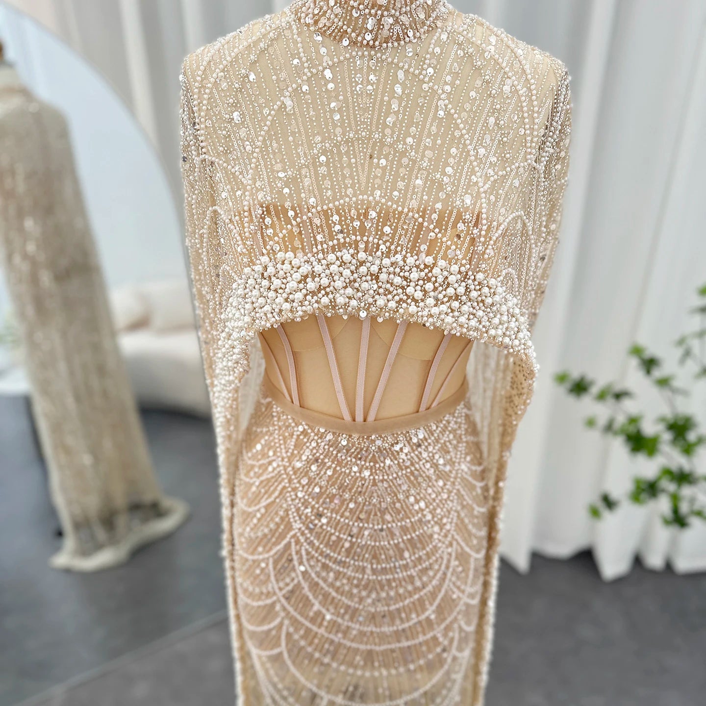 Luxury Pearls Dubai Champagne Evening Dresses with Cape New Arabic Women Mermaid Wedding Party Prom Dress