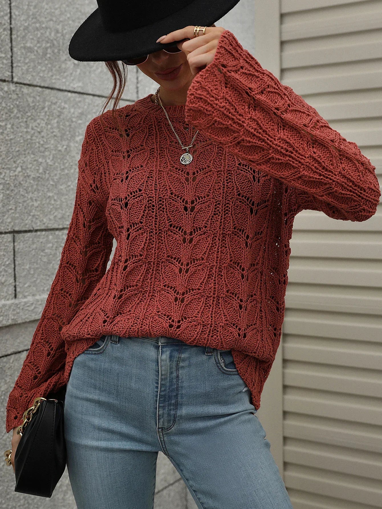 LIZAKOSHT  -  Hollow Out Loose Pullover Sweaters for Women Boho O-neck Long Sleeve Autumn Sweater 2024 Knitted Pullovers Jumper Lady