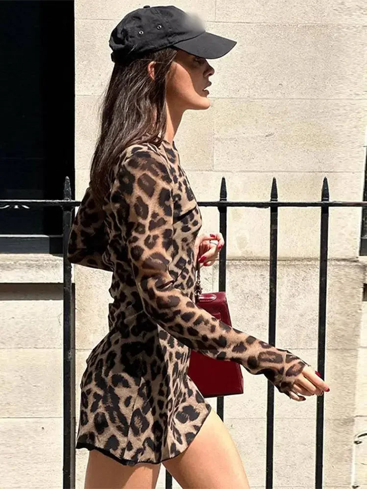 LIZAKOSHT  -  Chic Sexy Leopard Print Mini Dress For Women Simple Round Neck Long Sleeves Slim Vestidos 2024 Female Fashion High Streetwear