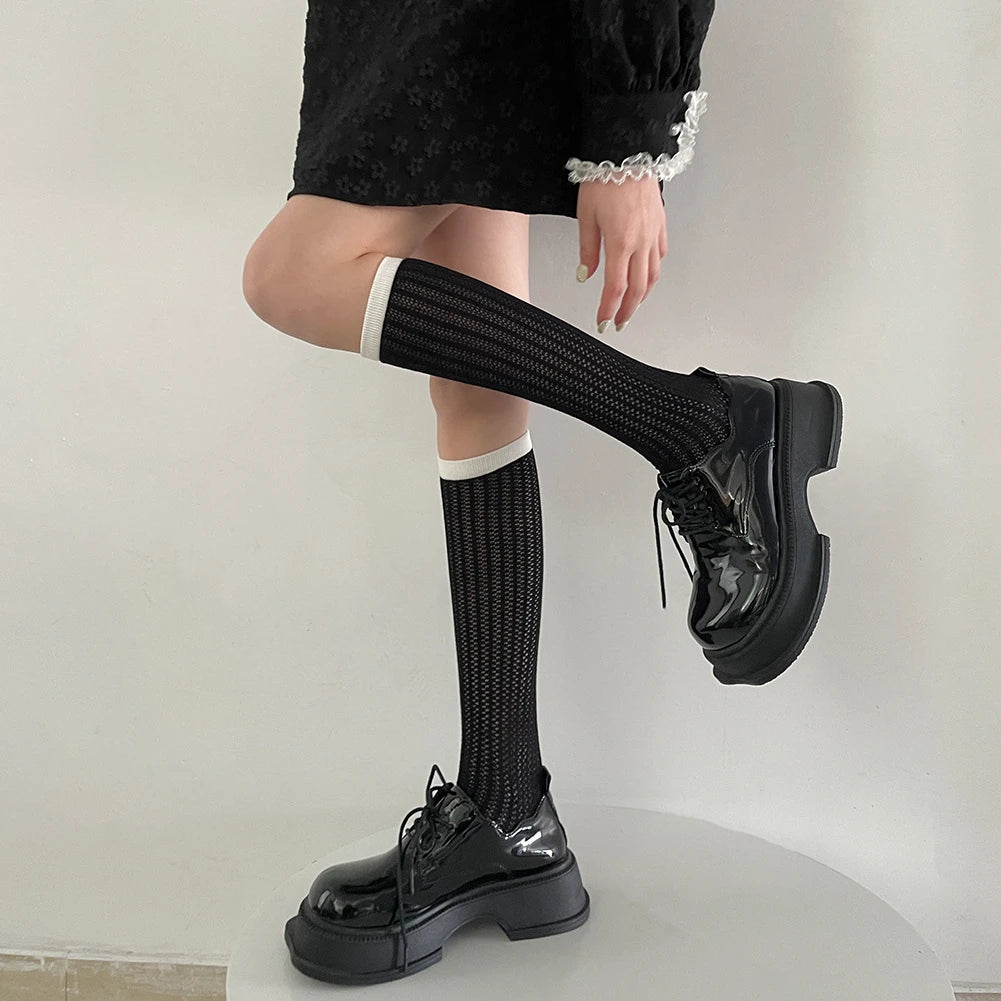 Lizakosht Hollow Out Mesh Breathable Women Stockings JK School Girls Black White Long Socks Stockings Women Lolita Kawaii Cute Knee Socks