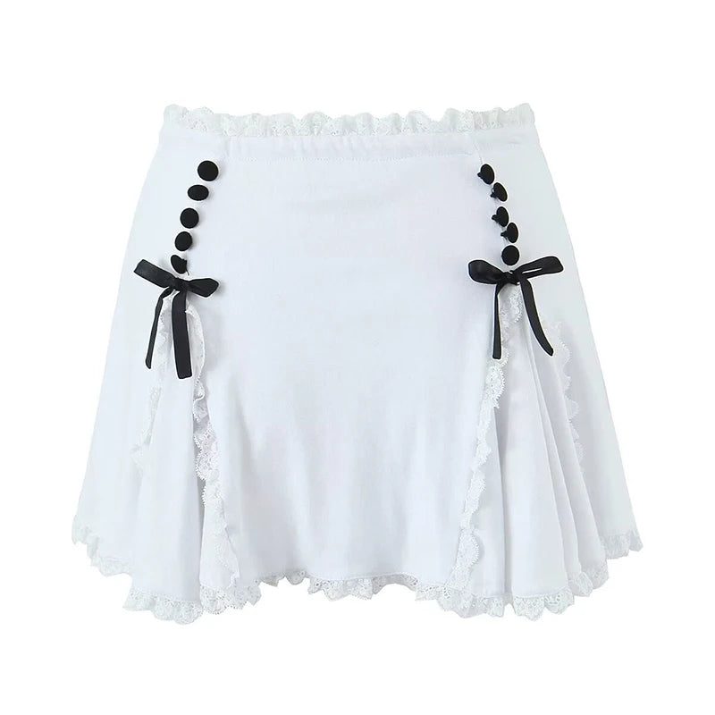 LIZAKOSHT  -  Sweet Women Lace Trim Bow A-line Mini Skirt Ladies Low Waist Summer Skirts With Underwear