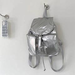 LIZAKOSHT  -  New Casual Silver Backpack Women Korean Flip Drawstring Large Capacity Backpacks Fashion Simple Travel College Student Bags