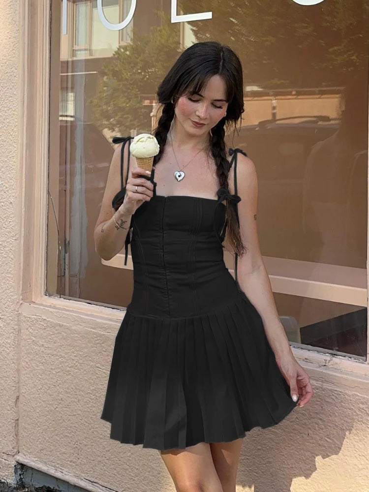 LIZAKOSHT  -  Summer A  Line Short Dresses 2024 New Arrivals Casual Pleated One-piece Dress Gown Black Birthday Holiday Dress Women