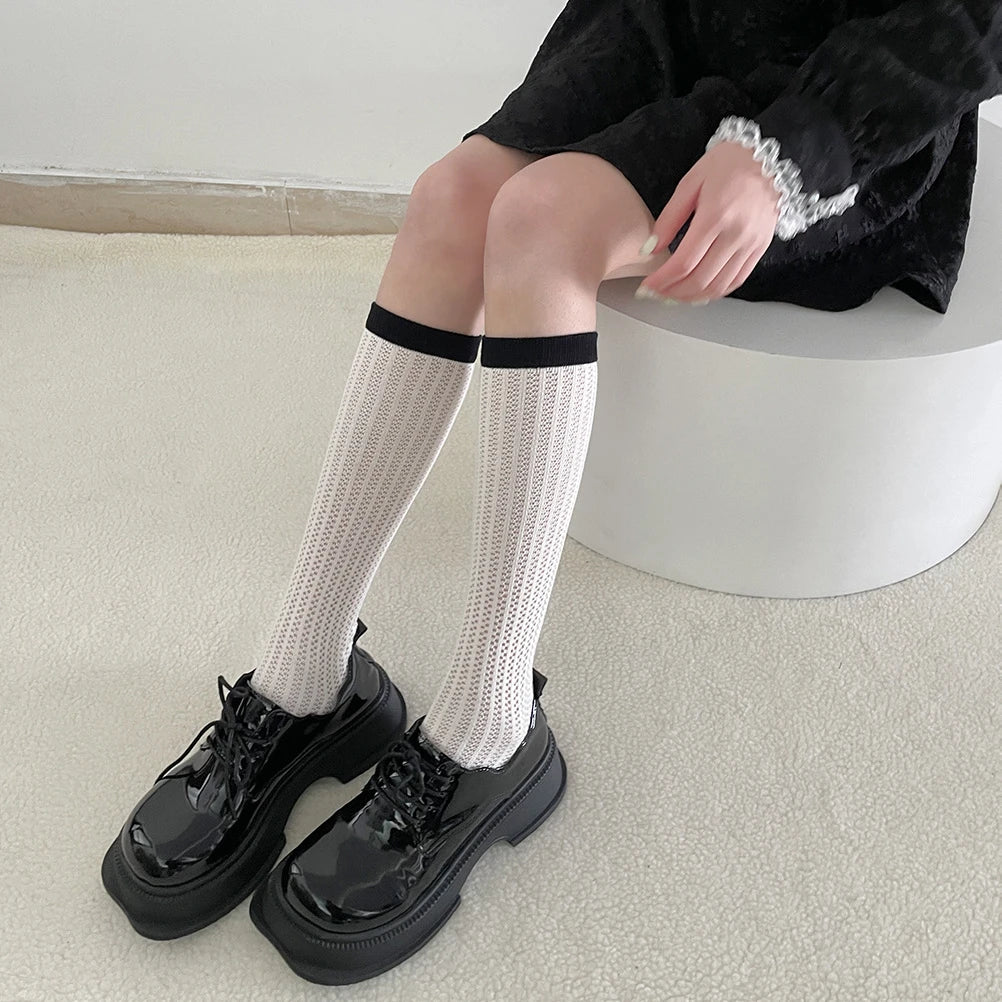 Lizakosht Hollow Out Mesh Breathable Women Stockings JK School Girls Black White Long Socks Stockings Women Lolita Kawaii Cute Knee Socks