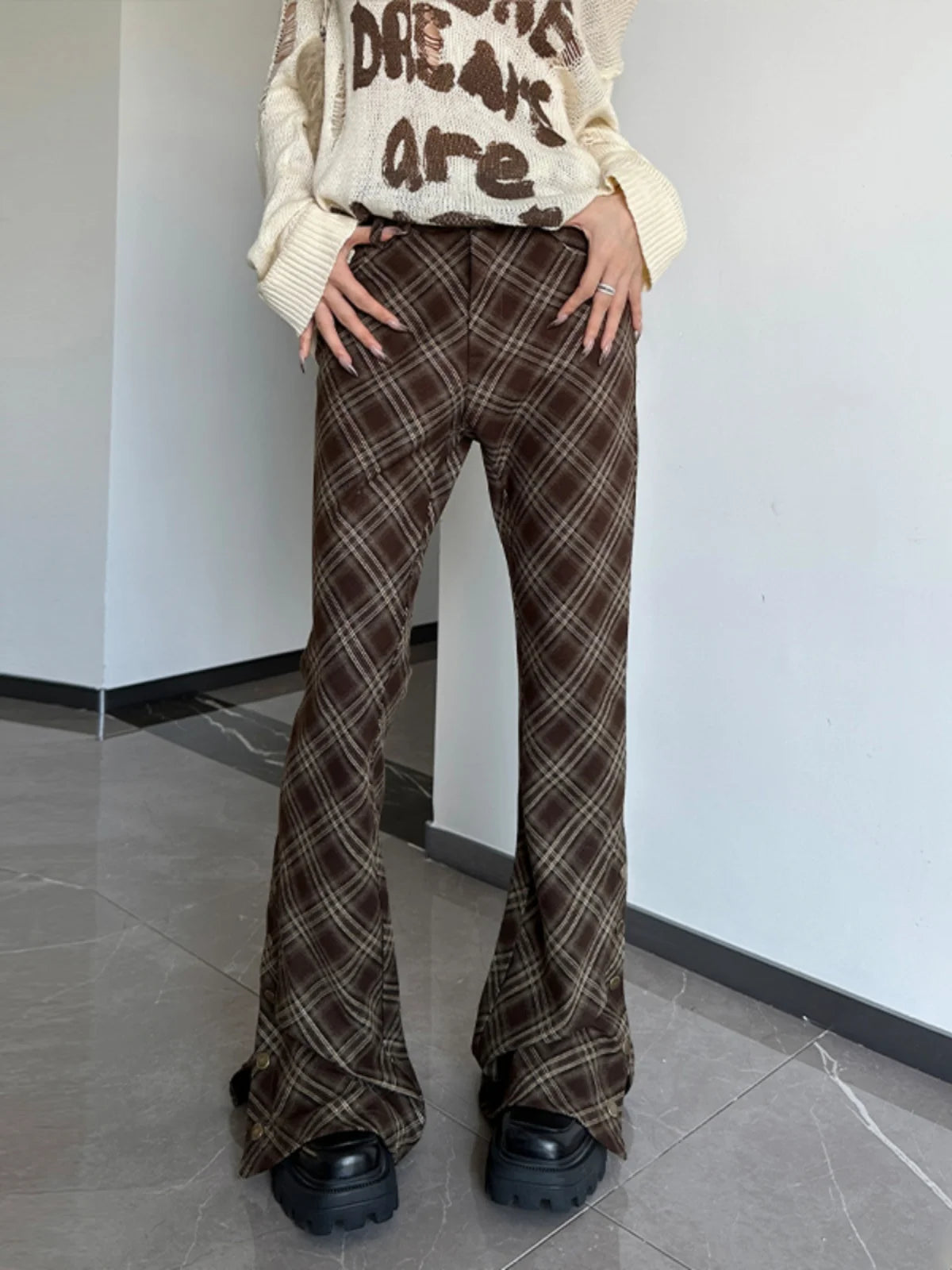 LIZAKOSHT  -  American Retro Fashion Diamond Pattern Printed Micro Flared Casual Pants, Spring and Autumn New Spicy Girl Versatile Pants