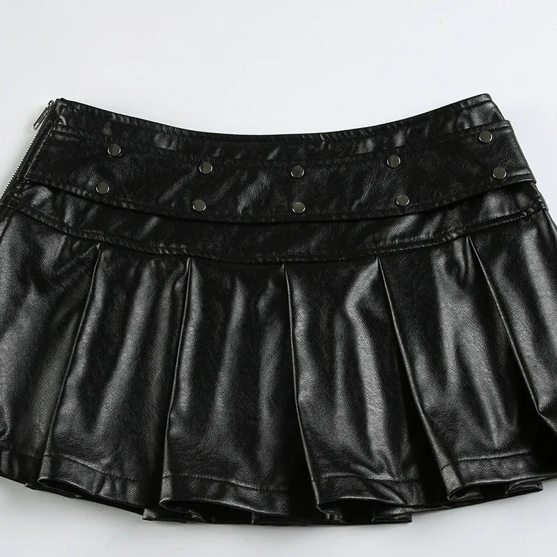 LIZAKOSHT  -  Y2K Rivet PU Leather Mini Skirt Hot Girl Pleated Skirt Punk Zipper Low Waist Black Party Club Skirt Female Autumn Fashion