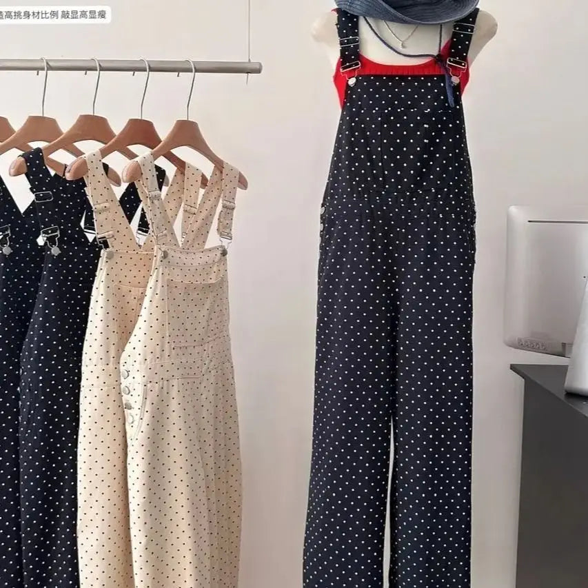 LIZAKOSHT  -  Overalls Polka Dots Korean Leisure Fashion Sleeveless Loose Jumpsuit Womens  Ladies Pockets Wide Leg Pants Long Trousers