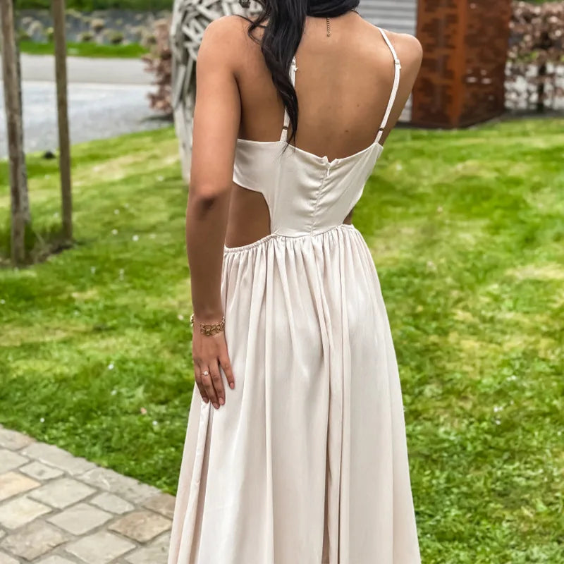 LIZAKOSHT  -  Women Spring High Slit A-line Dress Elegant Off Shoulder Halter Party Dress Lady Elegant Hollow Waisted Evening Slim Dress 2025