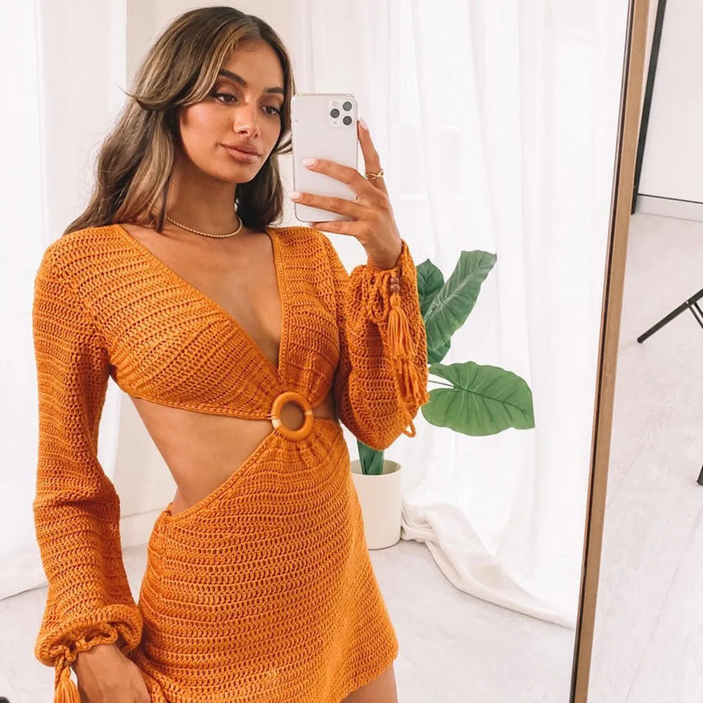 LIZAKOSHT  -  Long Sleeve Deep V Mini Dress for Women Vintage Hollow Out Waist Long Sleeve Dresses Summer Knitted Maxi Vestidos