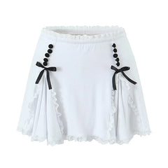 LIZAKOSHT  -  Sweet Women Lace Trim Bow A-line Mini Skirt Ladies Low Waist Summer Skirts With Underwear