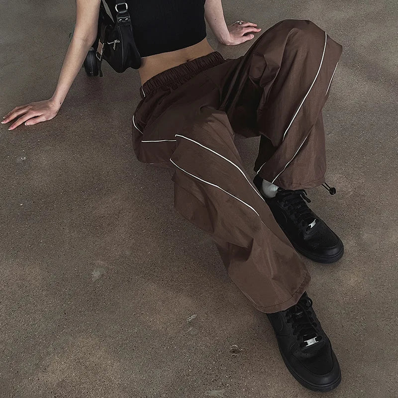 Lizakosht Vintage Drawstring Y2k Parachute Pants Cyber Gothic Reflective Side Casual Trousers Grunge Baggy Wide Leg Bottom Streetwear