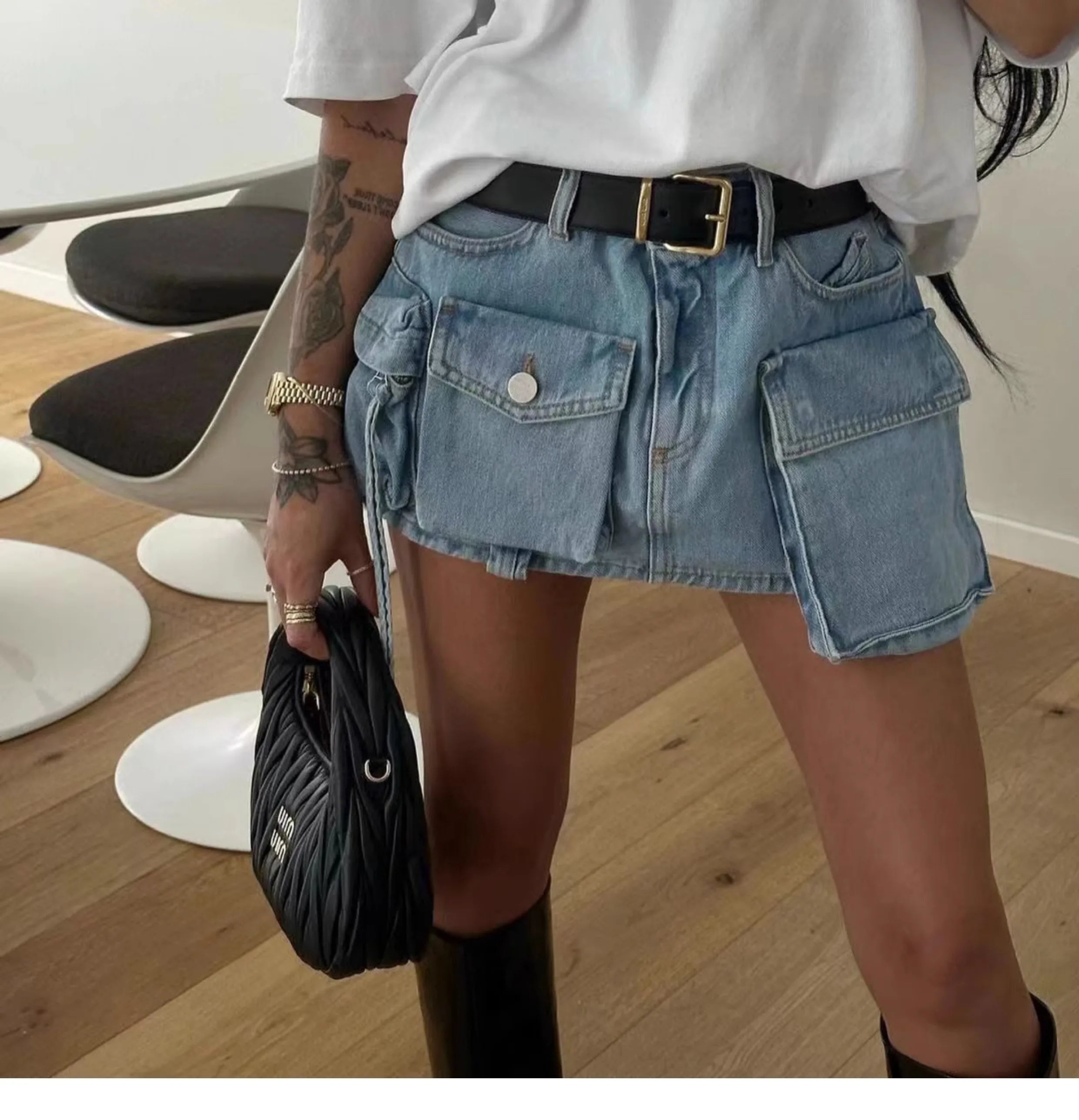 LIZAKOSHT  -  Casual Washed Cotton Denim Mini Skirts for Women High Street Big Pocket Slim Fit Short Skirt Summer Beach Casual Faldas