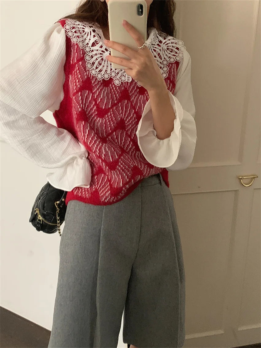 LIZAKOSHT  -  Vintage Wide Leg Shorts Women Chic Office Lady Peter Pan Collar Shirts Autumn Elegant Knitted Sweet Sweaters Vest