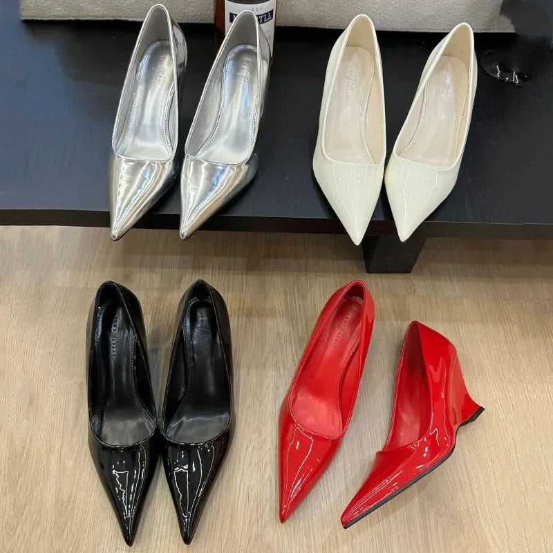 LIZAKOSHT  -  Designer Pointed Toe Wedges High Heels Sexy Women Pumps Silver Red Shoes Wedding Banquet Dress Shoes Brand Office Shoes Women