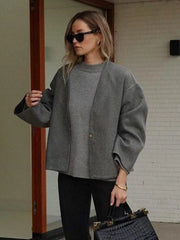 LIZAKOSHT  -  Woolen Coat Women Grey Autumn Winter Crop Overcoat Lady Elegant Fashion Long Sleeve Jacket Female Casual Loose V-Neck Coats