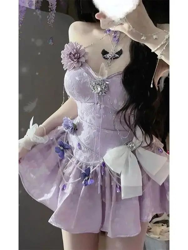 LIZAKOSHT  -  Japan Girl Cute High-End Dress With Skirt Clothes Flower Decoration Violet Romantic Dress New