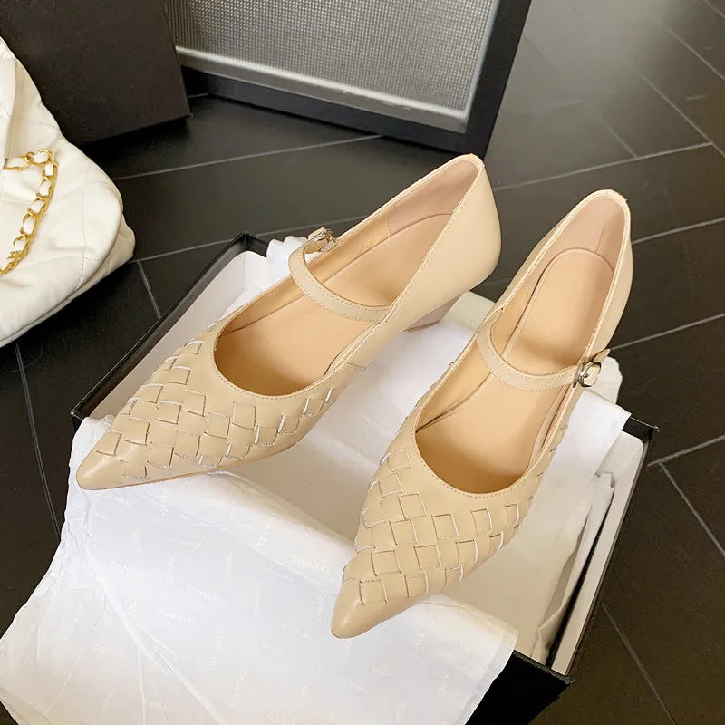 LIZAKOSHT  -  Fashion Pumps New High Quality Genuine Leather Woven Pointed Poe Heels Mary Janes Shoes Daily Commuter Women's Shoes