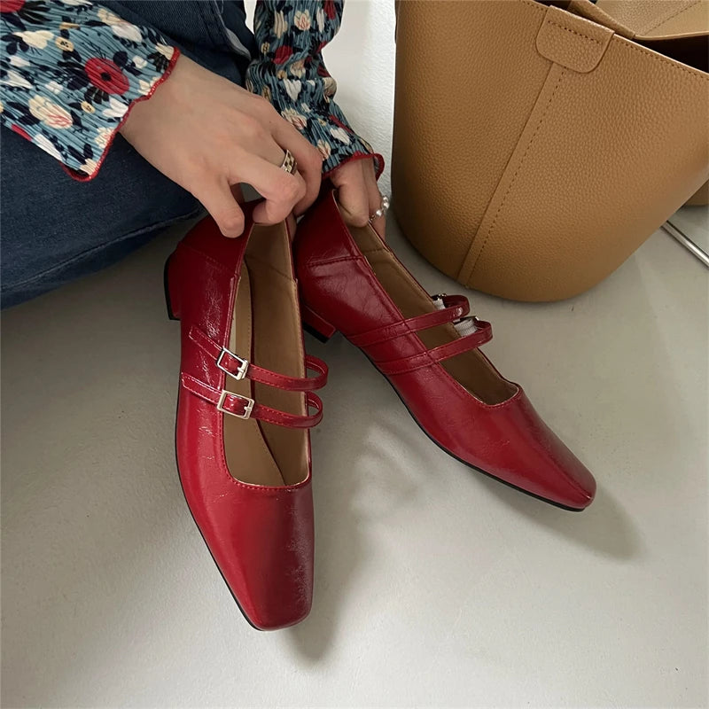 LIZAKOSHT Spring New Women Red Flat Shoes Fashion Square Toe Shallow Ladies Mary Jane Ballerinas Flat Heel Casual Ballet Shoes