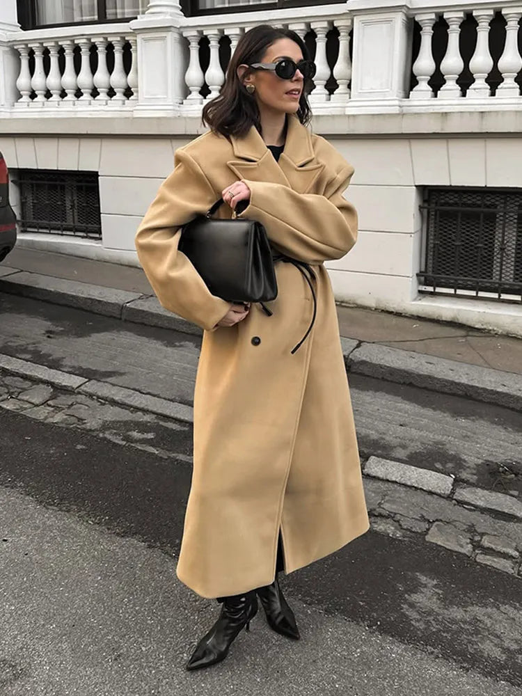 LIZAKOSHT  -  Retro Woman Solid Flip Collar Double Breasted Loose Overcoat Fashion Full Sleeves Casual Long Coat Female New Commuter Jacket