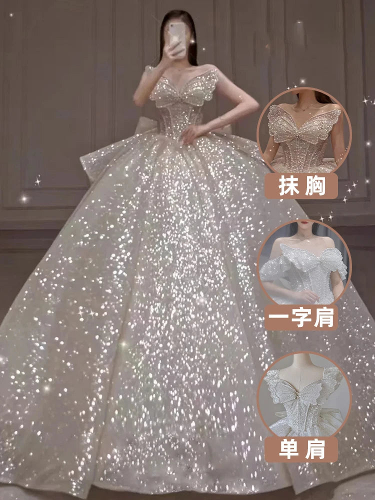 French Style Off Shoulder Sequin Wedding Dresses Women Bow Shiny Blingblng Luxury Wedding Dress Exquisite Elegant Gown