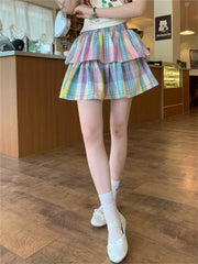 LIZAKOSHT  -  Rainbow Plaid Mini Skirts Preppy Style Women Slim Chic Sweet Party Summer 2024 High Street Daily Casual Gentle